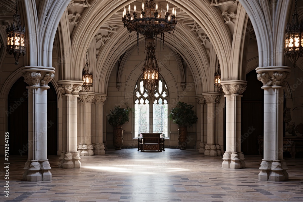 Grand Chandeliers and Stone Columns: Neo-Gothic Castle Foyer Concepts Grand Chandeliers and Stone Columns: Neo-Gothic Castle Foyer Concepts