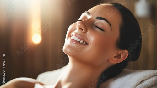 Radiant Serenity: Joyful woman Engages in Relaxation and Tranquility Within the Spa's Serene Atmosphere and Comforting Ambiance