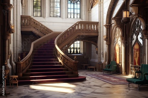 Neo-Gothic Castle Foyer Concepts: Heraldic Banner Stands and Regal Staircases Showcase