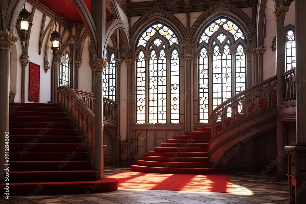 Oriel Windows and Plush Red Carpets: Neo-Gothic Castle Foyer Concepts