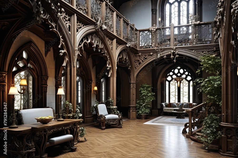 Wrought Iron Chandeliers and Stone Floors in Neo-Gothic Castle Foyer Concepts