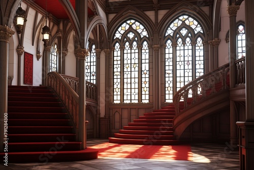 Oriel Windows and Plush Red Carpets: Neo-Gothic Castle Foyer Concepts photo