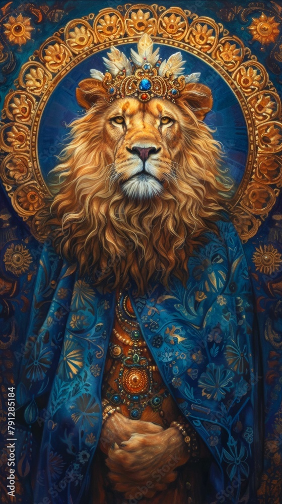 Majestic lion with a regal crown of feathers, draped in a silk cape, adorned with sapphire jewelry, against a midnight blue background, lit with golden hues, exuding confidence and power