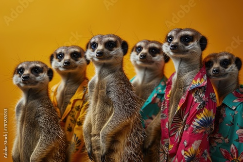 Meerkat in a group, vibrant bright fashionable outfits isolated on solid background , copy text space, Ai generated