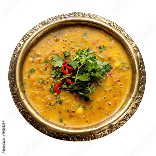 Dal fry with Desi ghee or clarified butter. Most popular Healthy main coerce recipe in India, isolated on white background. photo