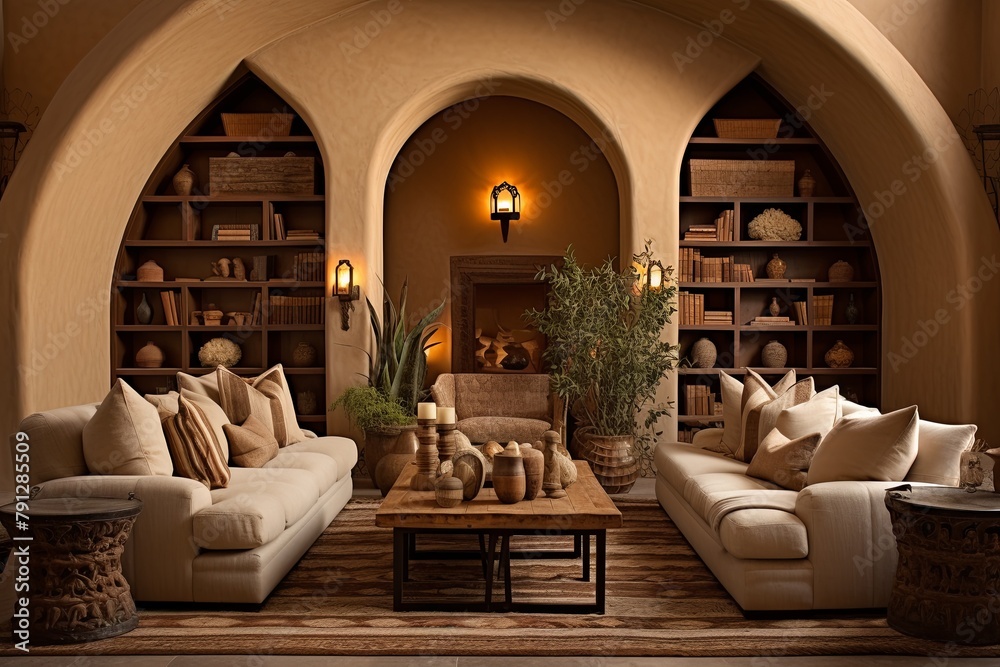 Spirit of the Silk Road: Archway Bookshelves and Desert Hues in Caravanserai Living Room Design Spirit of the Silk Road: Archway Bookshelves and Desert Hues in Caravanserai Living Room Design