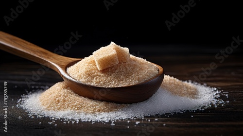 Close-up of organic, raw sugar and a wooden scoop, showcasing the coarse texture, on a dark, textured surface. photo
