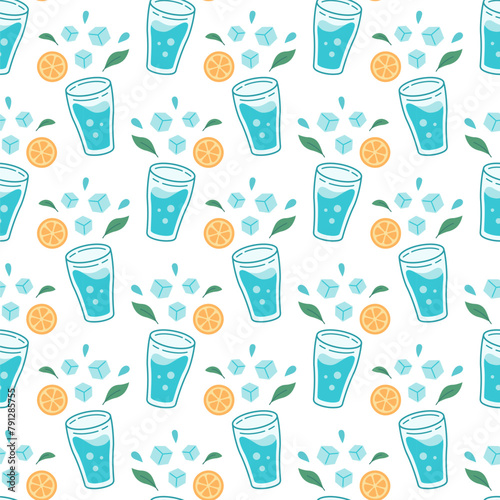 World water day seamless pattern. Drink more water concept pattern. Water in drinking glass with ice cubes and orange, mint. Zero waste concept. Vector illustration.