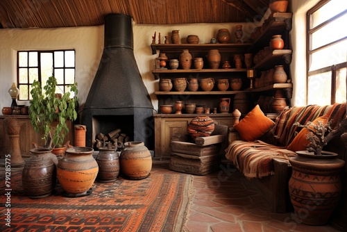 Terracotta Pottery Charm: Silk Road Caravanserai Living Room Ideas with Tribal Rugs