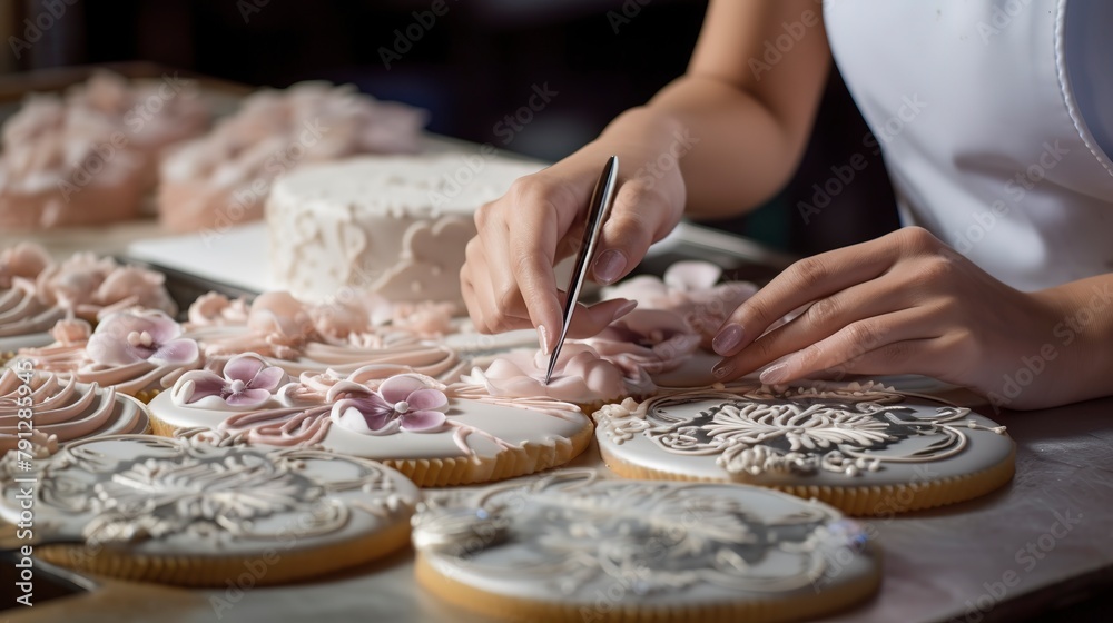 Close-up of pastries being intricately decorated with icing by a skilled pastry chef, focusing on the precision and artistry.