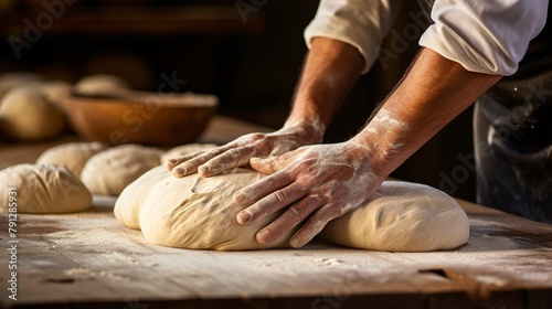 Fresh dough being shaped into loaves, close-up, showcasing the smooth texture and artisan techniques on a wooden board. 