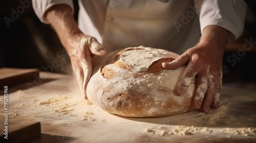 A baker scoring sourdough bread with a lame, close-up, detailing the precise incision that will bloom in the oven. 