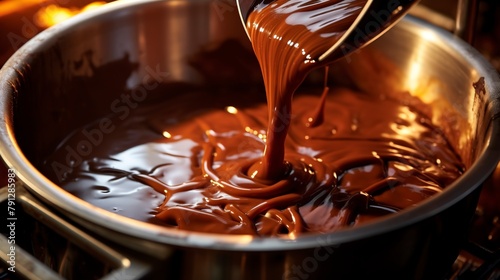 Close-up of chocolate being melted in a double boiler, showing the glossy transformation for baking decadent desserts. 