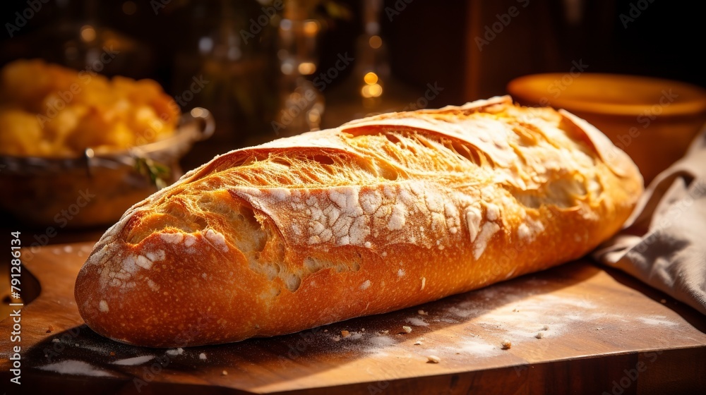 Close-up of a crusty French baguette on a wooden cutting board, showcasing the artisanal slashes and golden crust. 