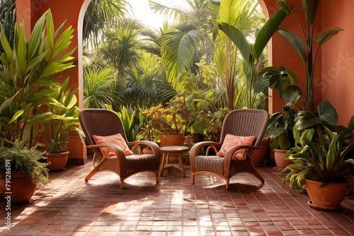 Terracotta Sunrise Yoga  Meditation Patio Ideas with Potted Palms and Tiles