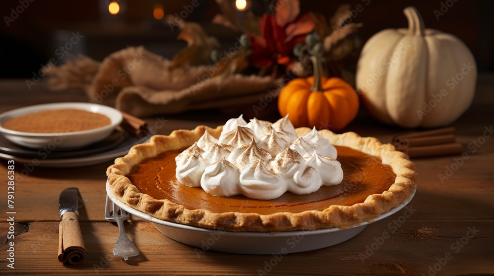 Freshly baked pumpkin pie, close-up, with a dollop of whipped cream and cinnamon, on a rustic wooden table for Thanksgiving. 