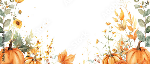 Watercolor autumn border with pumpkins, leaves and wildflowers on a white background