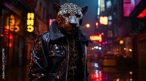 Visualize a sleek panther in a tailored jumpsuit, accentuated by metallic studs and a leather belt. Against a backdrop of neon lights, it exudes urban edge and fierce style. The vibe: bold and modern