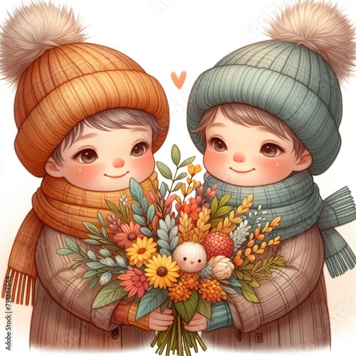 simple color drawing, a boy in a warm gray hat and a girl in a warm brown hat, in winter clothes, with scarves, together holding a bouquet of wild flowers, white background, closeup