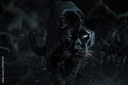 A black leopard coming out of the dark photo