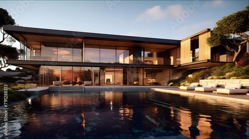 Swimming pool of luxury modern villa with swimming pool at night