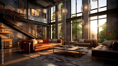 3d render of interior of a modern living room with large windows