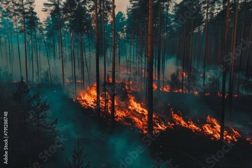 Wildforest fire burning forest trees eecological disaster smoke aerial view from helicopter danger death animals damage hazard blaze pollution tragedy