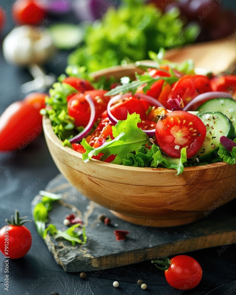 Fresh vegetable salad in wooden bowl on dark background. Healthy food concept. Fresh vegetable salad in wooden bowl on dark background. Healthy food concept.