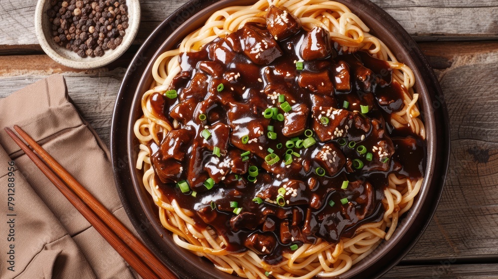 Noodles with soy sauce on wooden background Noodles with soy sauce on wooden background