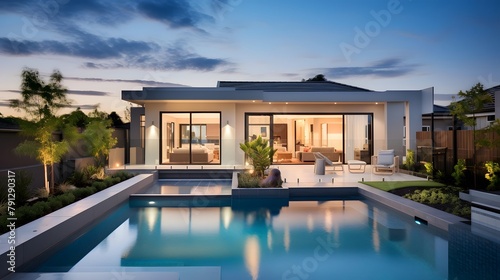 Modern house with swimming pool at sunset. Panoramic image.