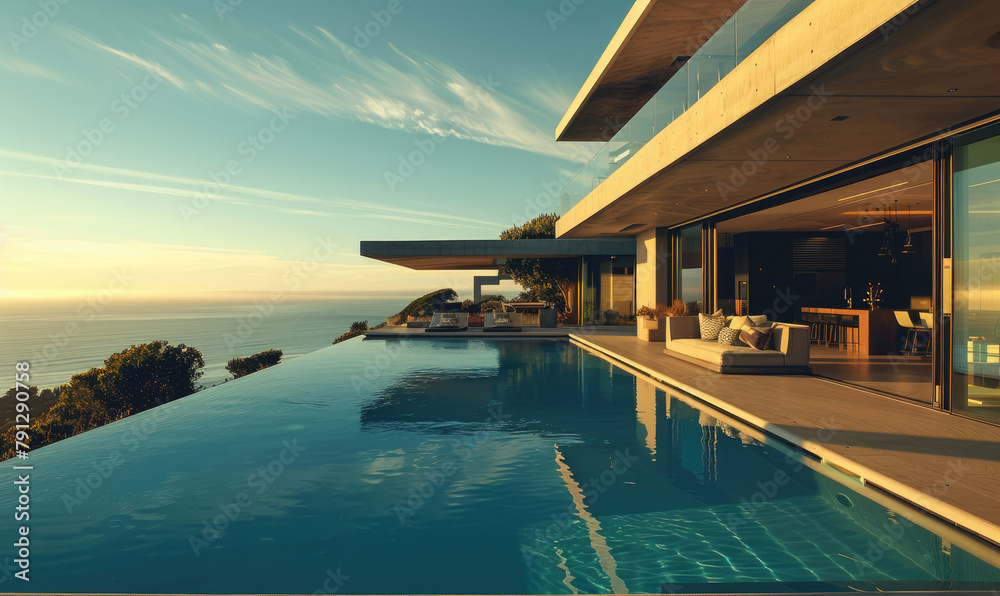 modern house in Cape Town with an infinity pool overlooking the ocean, large open living room with terrace and swimming area