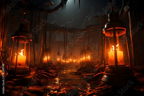 3D rendering of a fantasy landscape with lanterns in the foreground