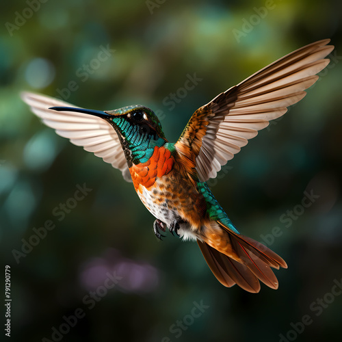 A close-up of a hummingbird in flight.