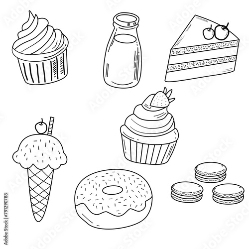 set of hand drawn cakes, desserts, icecream, milk, cupcake, outline stroke, doodle art, vector illustration