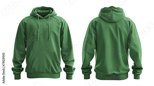 Front and back view of a green hoodie with no print on transparent background photo