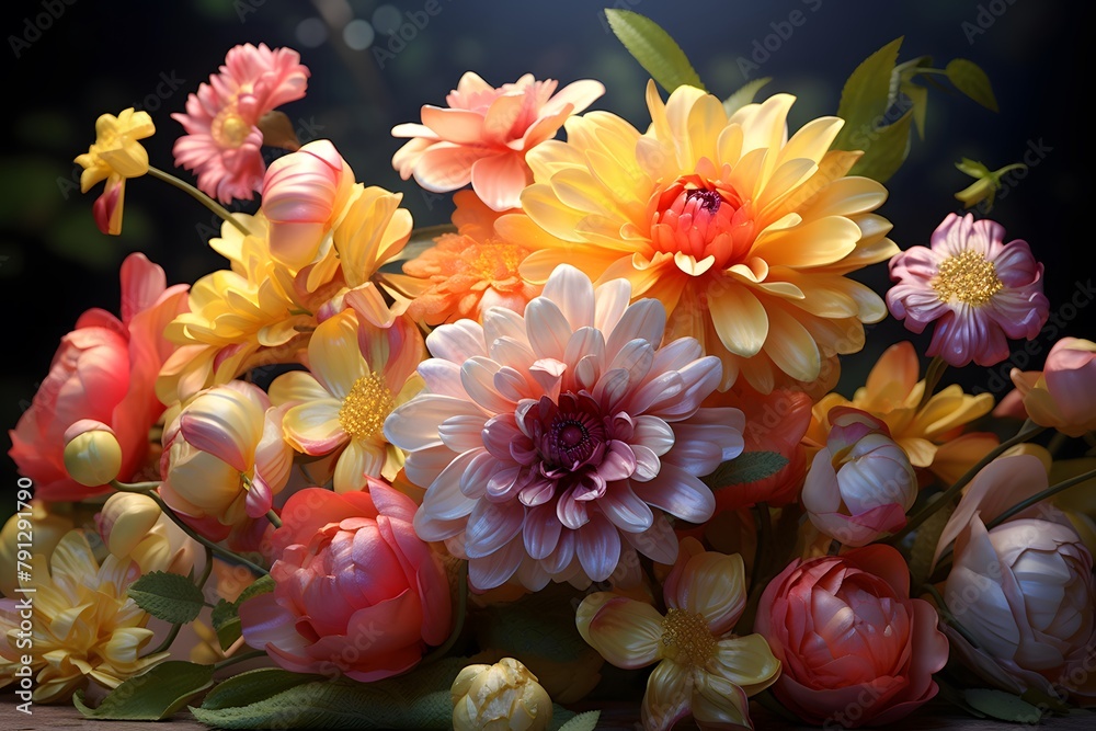 Colorful dahlia flowers on dark background. Floral wallpaper