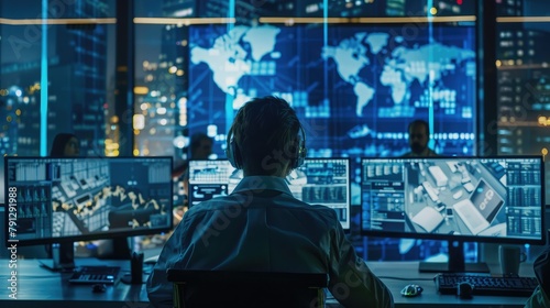 A cutting-edge cybersecurity operations center monitoring and defending against cyber threats in real-time, with teams of analysts and engineers leveraging advanced algorithms and artificial 