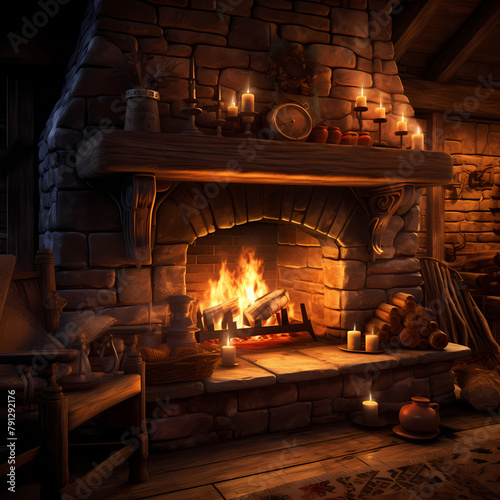 A cozy fireplace with a crackling fire.
