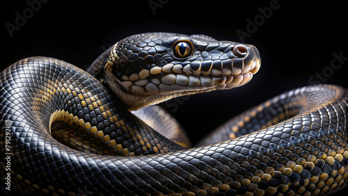 Macro close-up of a black python snake slithering on black background, showcasing its dangerous beauty and intricate scales
