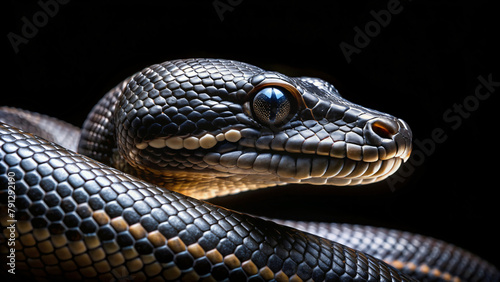 Macro close-up of a black python snake slithering on black background, showcasing its dangerous beauty and intricate scales