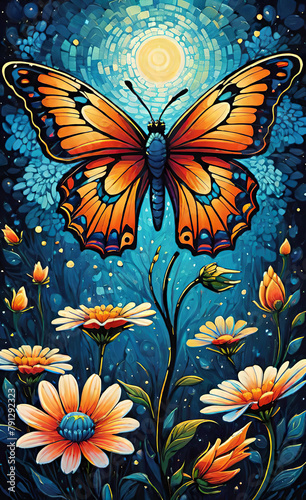 A butterfly flying over flower  illustration style