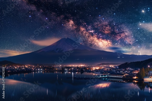 view of Mount Fuji at night, generative ai