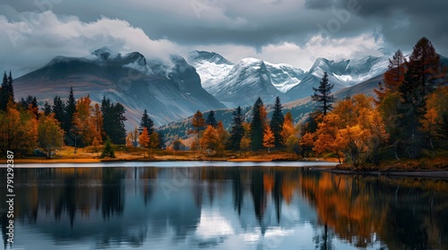 Scenic view of lake by trees against mountains and cloudy sky photo