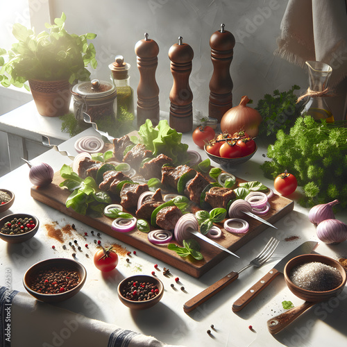 Tike Shashlik with Beef and Herbs on Marble Counter