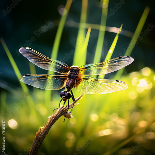 A dragonfly perched on a blade of grass.  © Cao