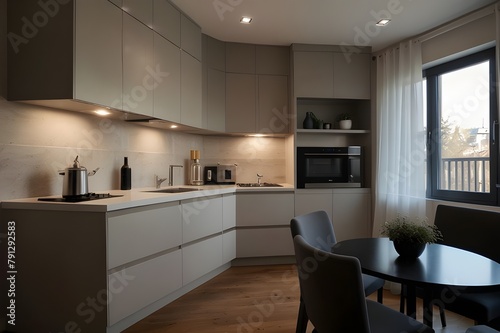 Stylish apartment interior with modern kitchen. Idea for home design 