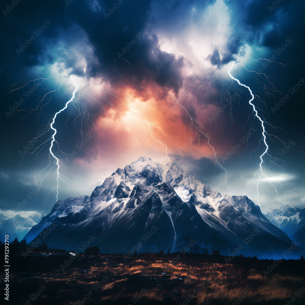 A dramatic lightning storm over a mountain range. 