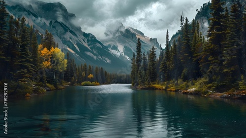Scenic view of lake by trees against mountains and cloudy sky