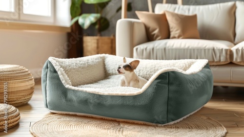 Blank mockup of a reversible pet bed with a soft fleece side and a cool breathable side. . photo