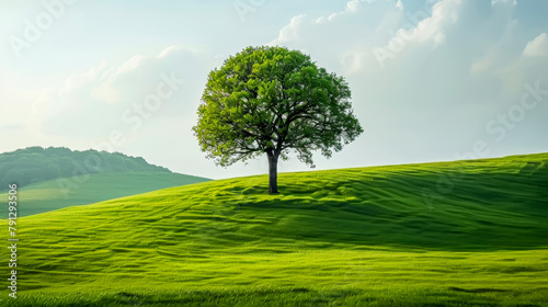 Peaceful image of a vibrant green hill with a single tree bathed in sunlight conveying simplicity  ai generated.